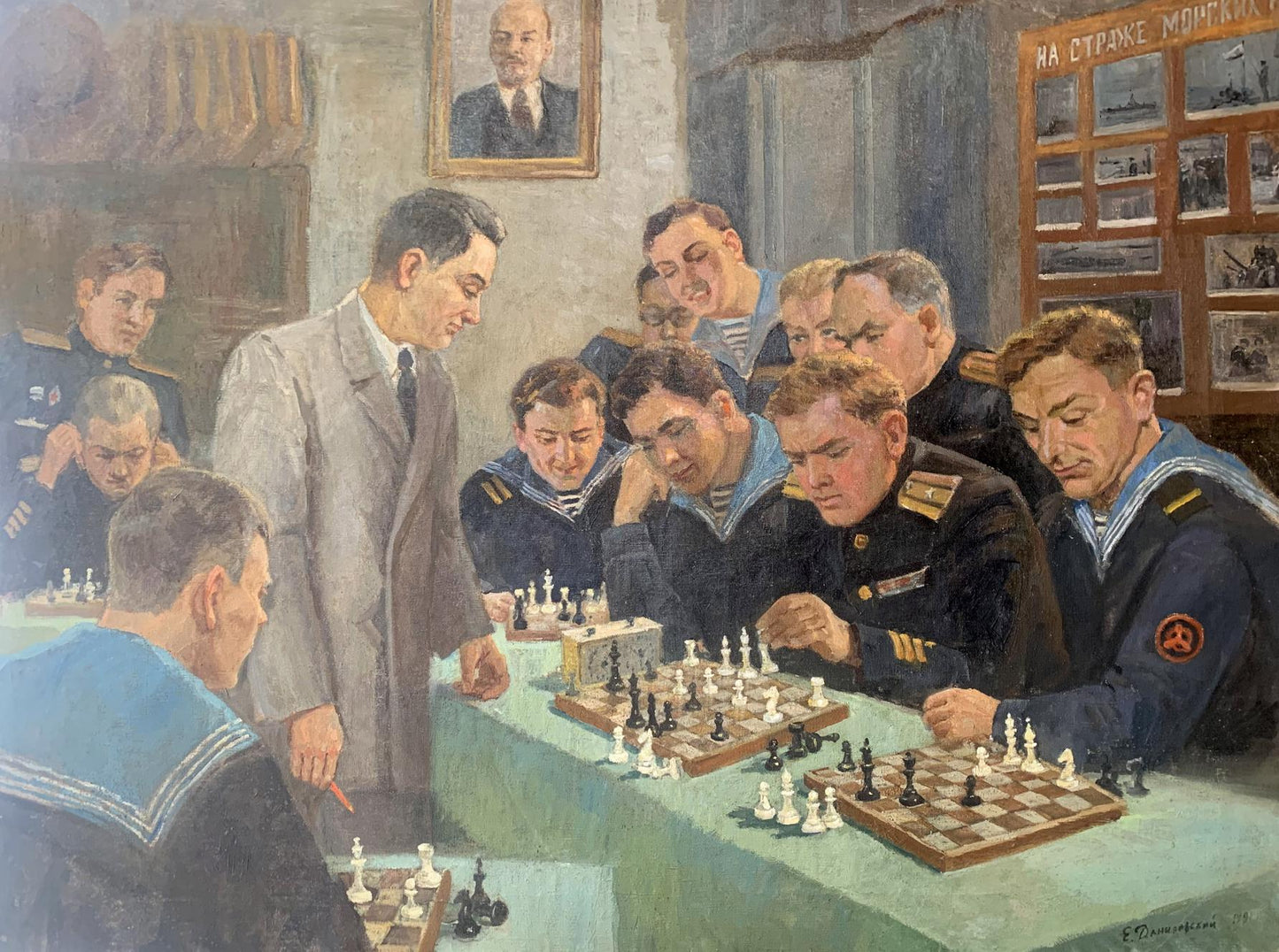 Social realism oil painting of Lenin portrait above chess players by Danilevsky