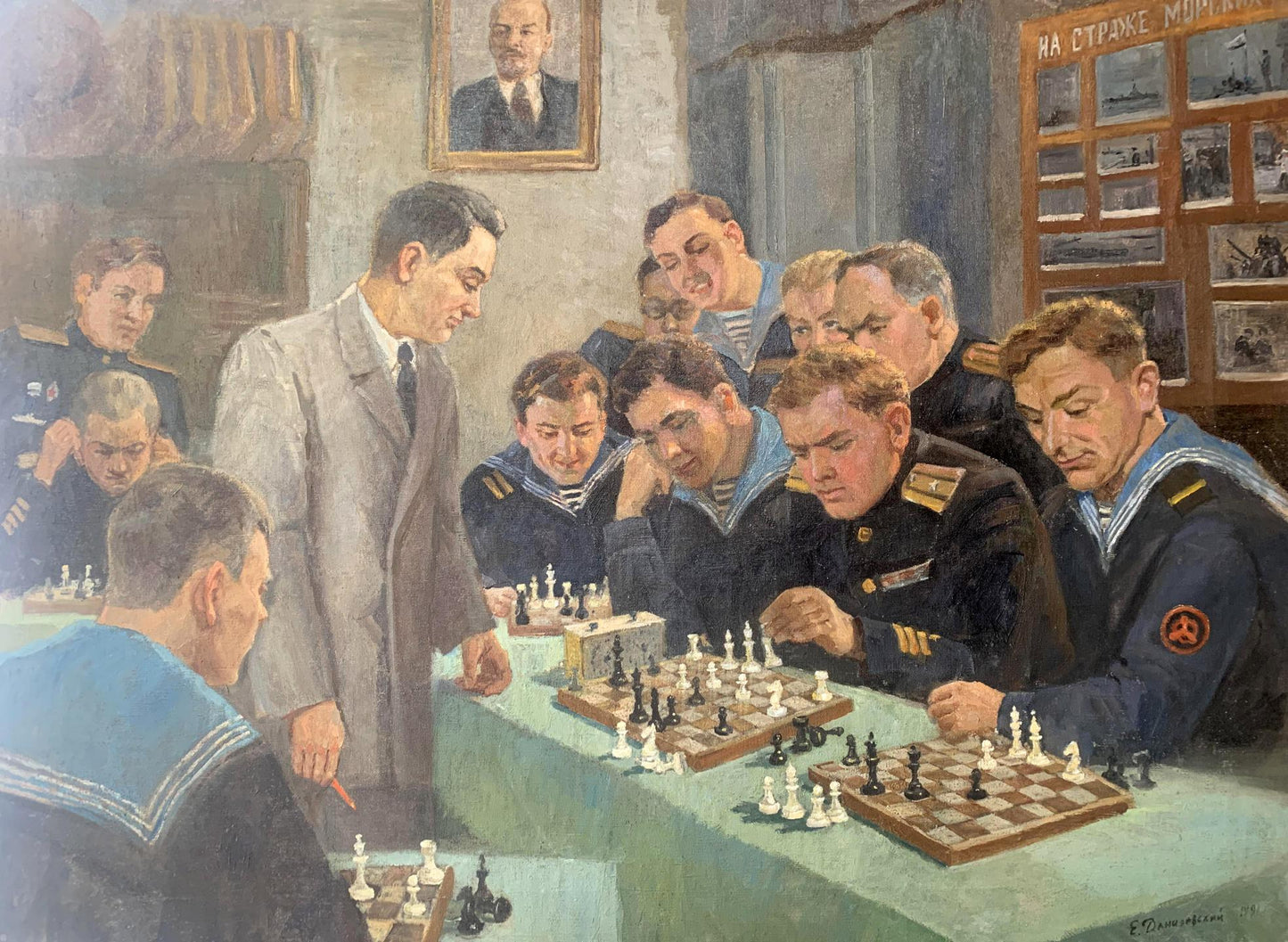 Social realism oil painting of chess tournament by Evgeny Ivanovich Danilevsky