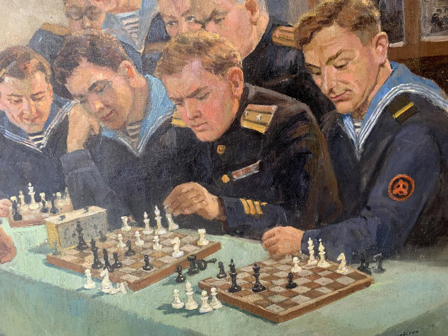 Social realism oil painting of chess tournament by Evgeny Ivanovich Danilevsky