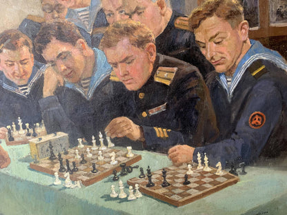 Social realism oil painting of chess tournament by Evgeny Ivanovich Danilevsky