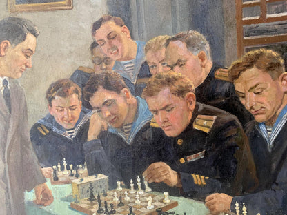 Social realism oil painting by Evgeny Ivanovich Danilevsky: navy men at chess tournament