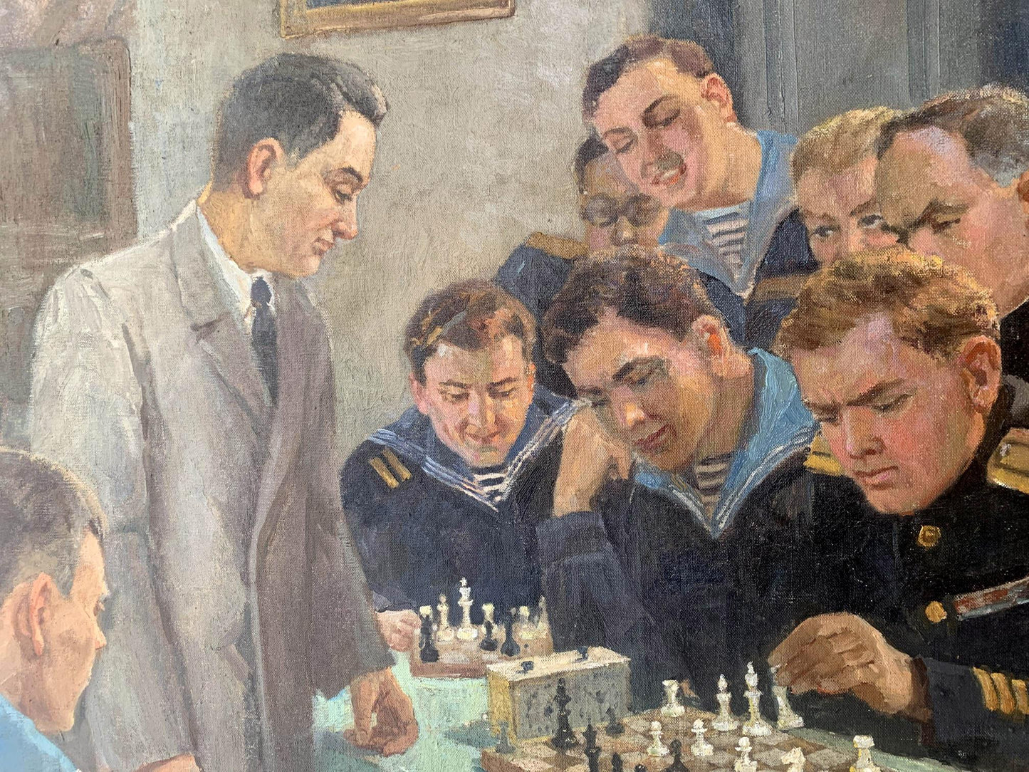 Social realism oil painting of chess tournament by Evgeny Ivanovich Danilevsky