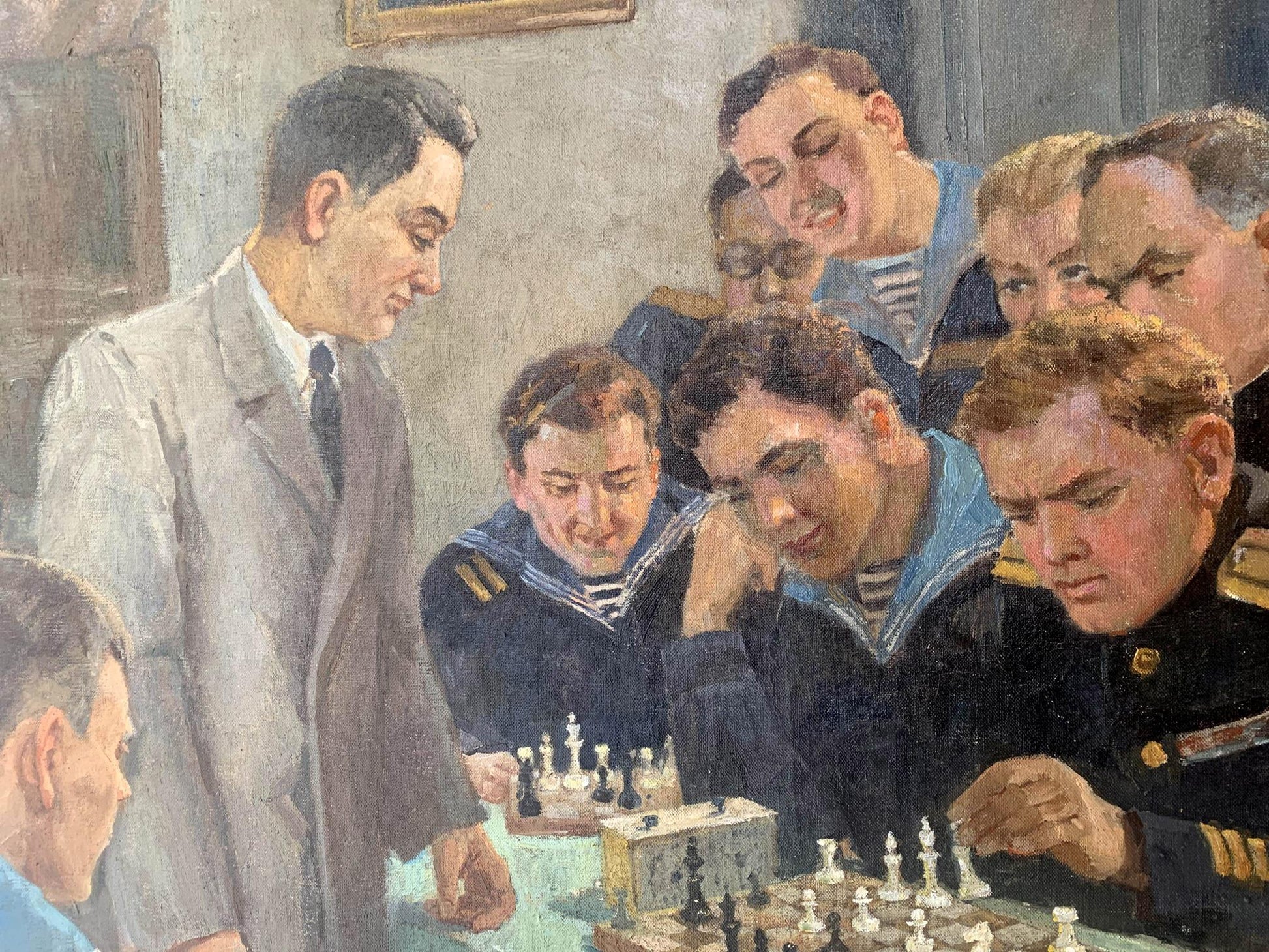 Social realism oil painting of chess tournament by Evgeny Ivanovich Danilevsky