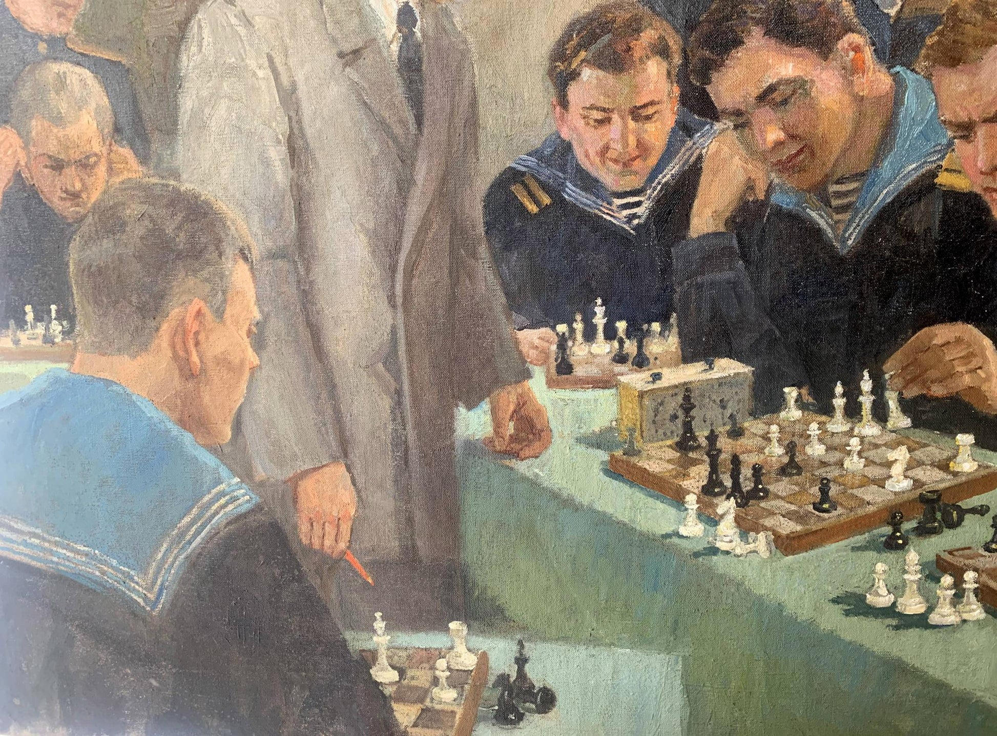 Social realism oil painting of wooden chessboard with pieces by Danilevsky