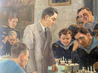 Social realism oil painting of vintage chessboard by Evgeny Ivanovich Danilevsky