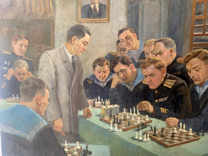 Social realism oil painting of chess tournament by Evgeny Ivanovich Danilevsky