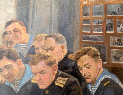 Social realism oil painting of sailors in navy uniforms by Danilevsky