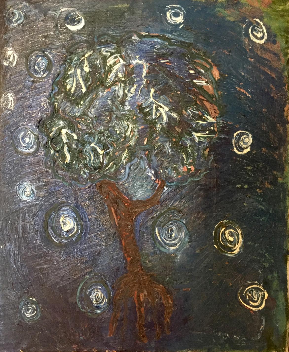 Original oil painting of textured tree with swirling green blue foliage
