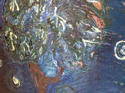 Original oil painting of swirling textured tree in deep blue green impasto