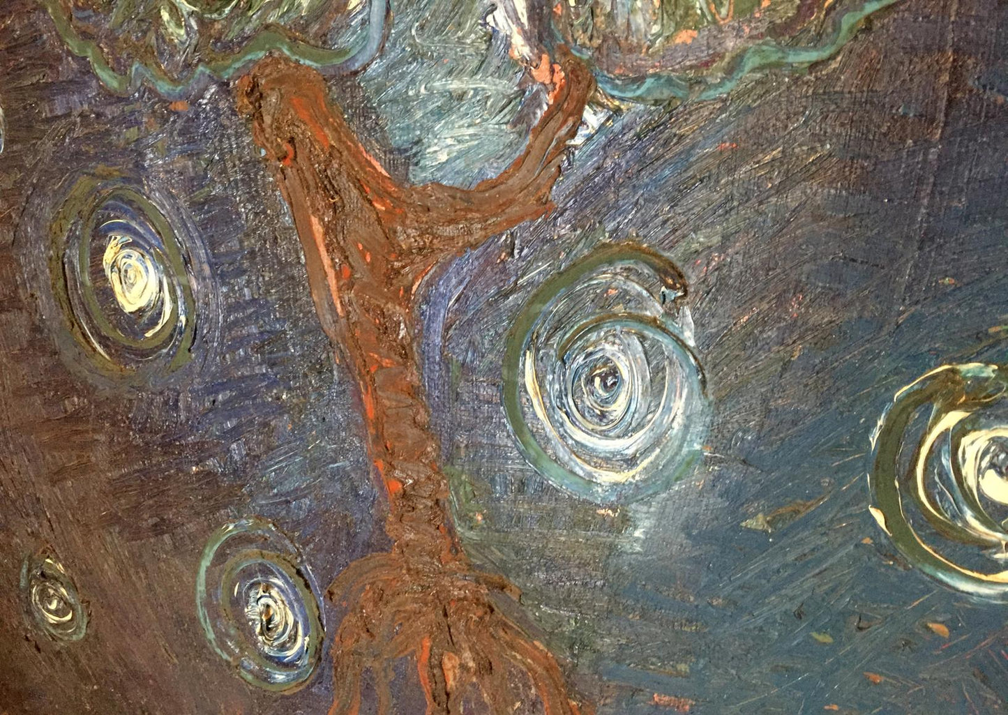 Original oil painting of textured tree with swirling silver-green branches on dark blue background