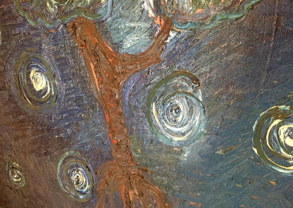 Original oil painting of textured tree with swirling silver-green branches on dark blue background