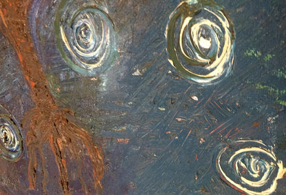 Oil painting of tree landscape with swirling gold silver metallic patterns on dark blue textured background
