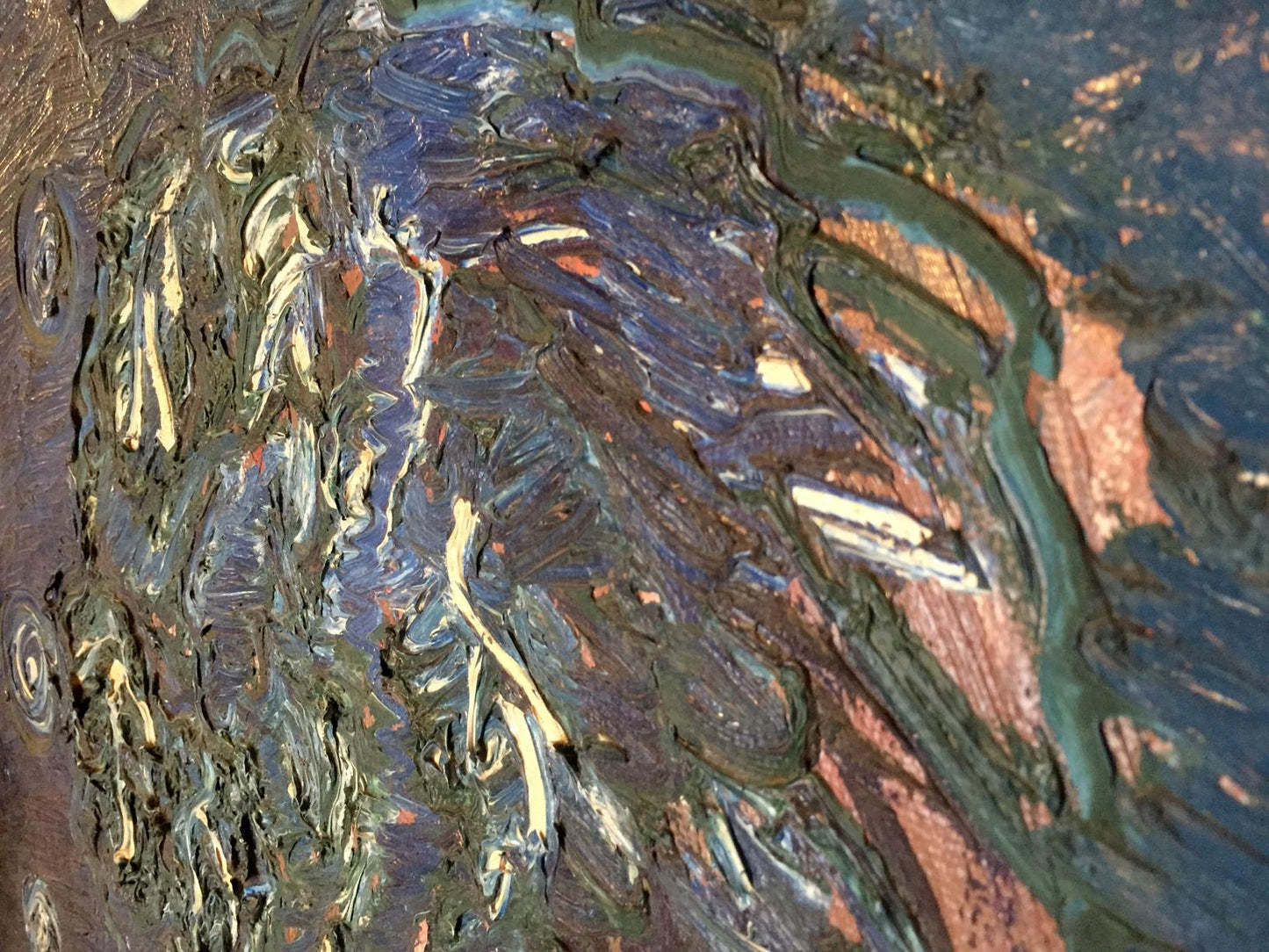 Oil painting of tree landscape with thick impasto blues, greens, browns