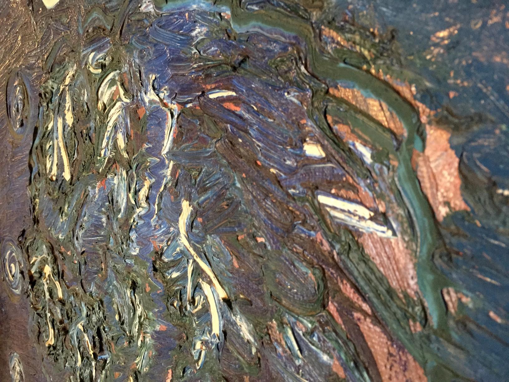 Oil painting of tree landscape with thick impasto blues, greens, browns