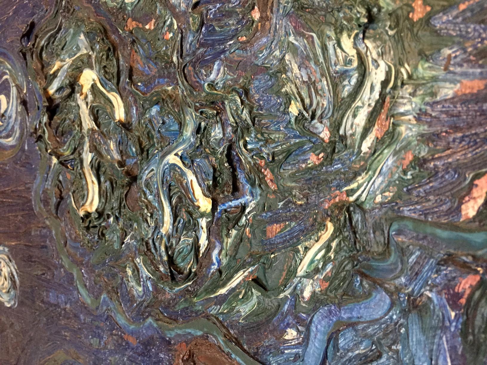 Abstract oil painting of swirling tree landscape in dark green, blue, gold