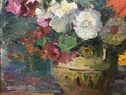 Oil painting of autumn flowers in basket by Khodchenko Lev Pavlovich