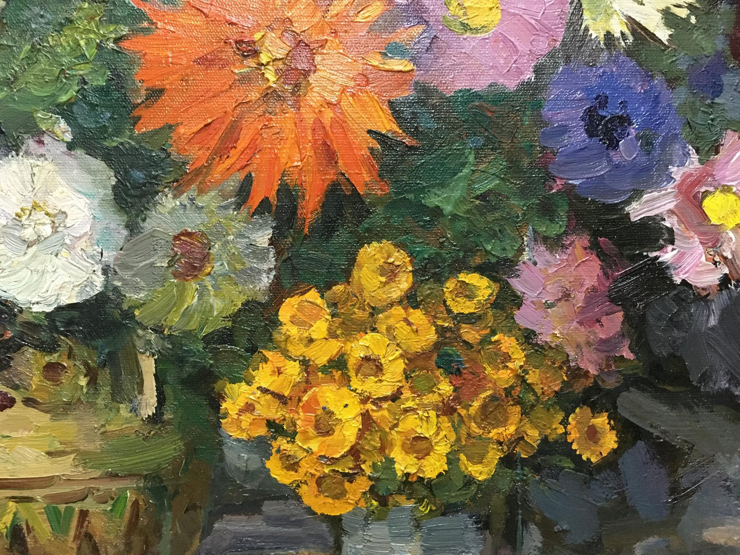 Vibrant orange dahlia oil painting by Khodchenko Lev Pavlovich
