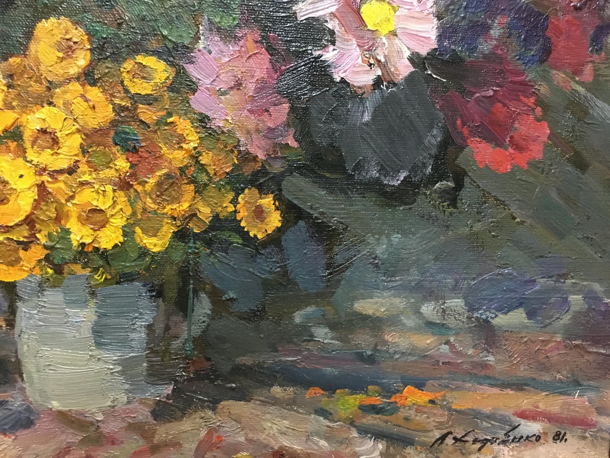 Oil painting of vibrant yellow pink red autumn flowers by Khodchenko Lev Pavlovich in white vase