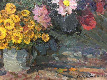 Oil painting of vibrant yellow pink red autumn flowers by Khodchenko Lev Pavlovich in white vase