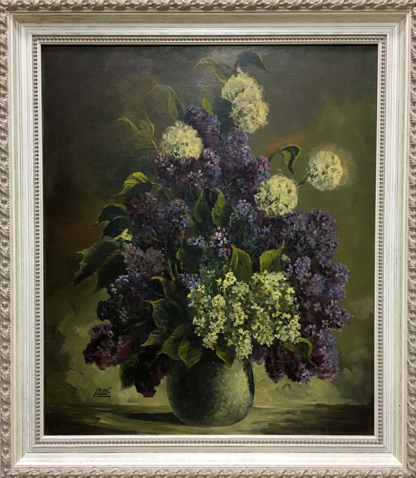 Oil painting of purple white lilacs in green vase by unknown artist