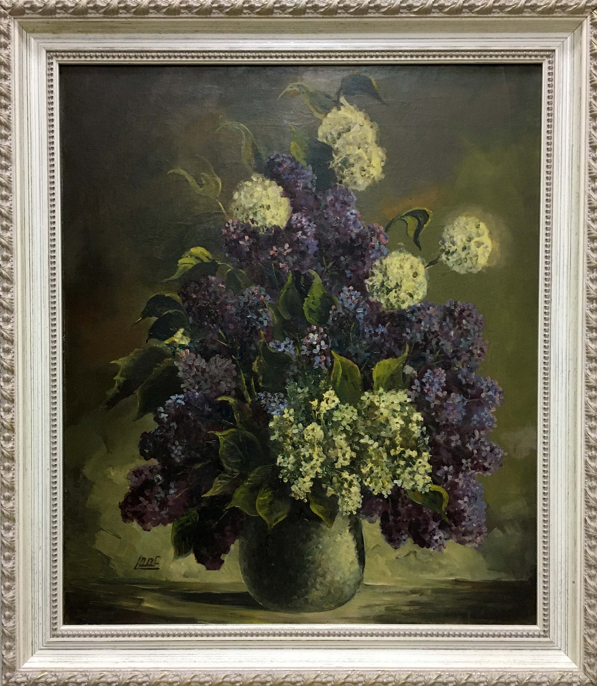 Oil painting of purple white lilacs in green vase by unknown artist