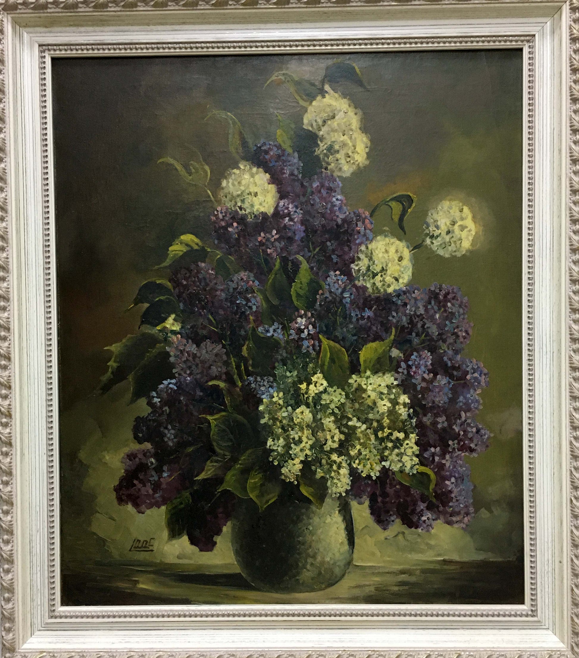 Oil painting of purple and white lilacs in green vase by unknown artist