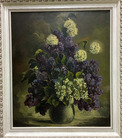 Oil painting of purple and white lilacs in green vase by unknown artist