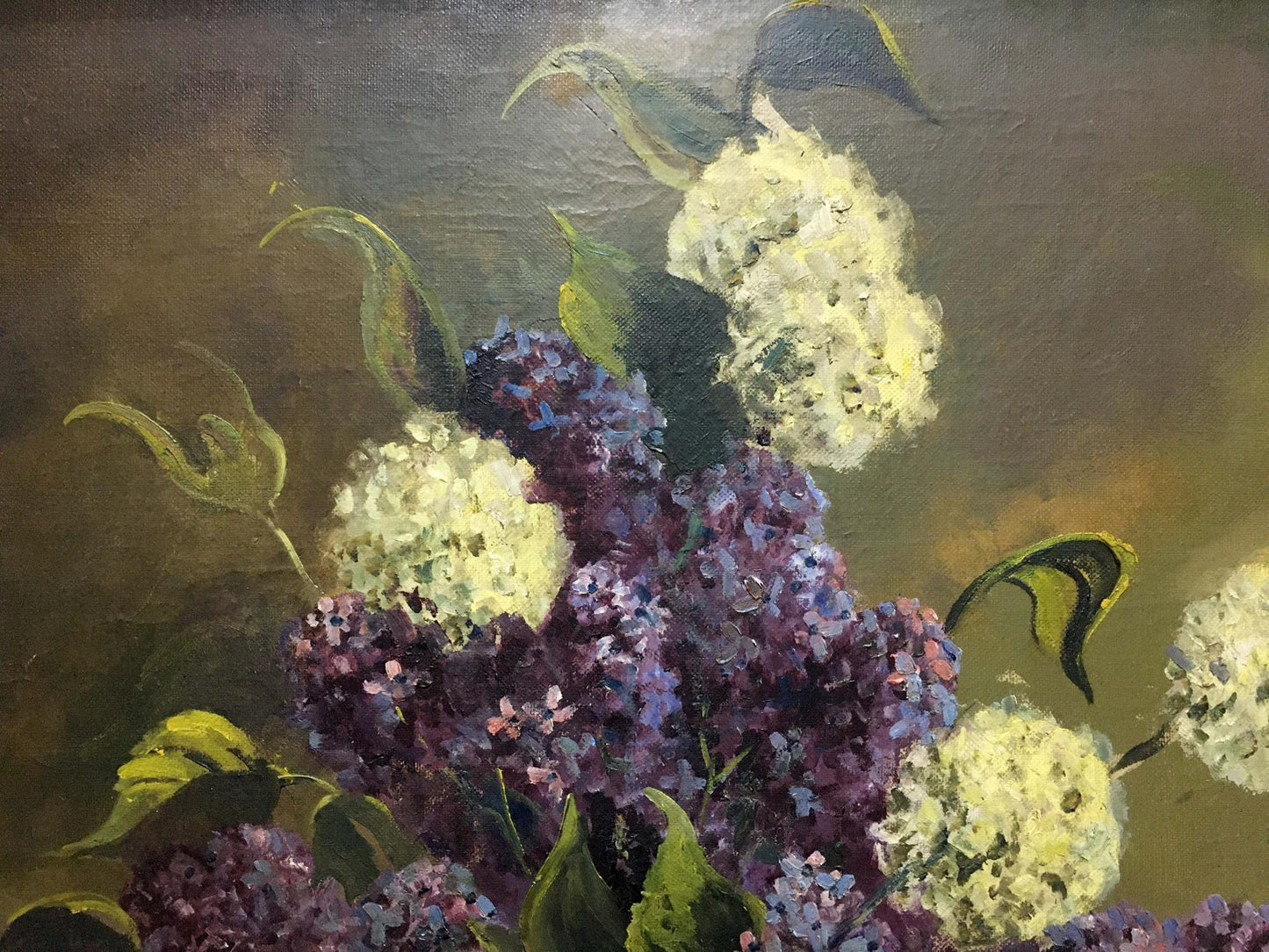 Oil painting of purple white lilacs green leaves by unknown artist