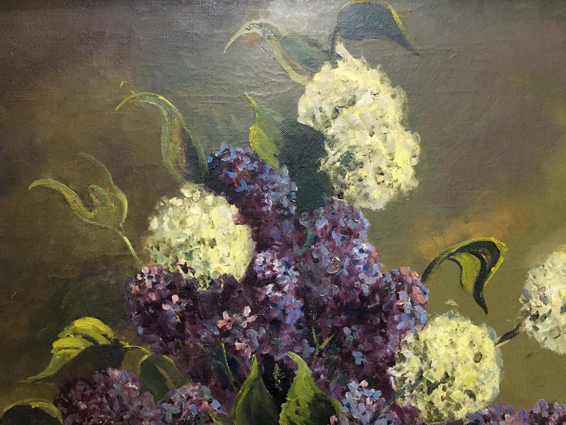 Oil painting of purple white lilacs green leaves by unknown artist