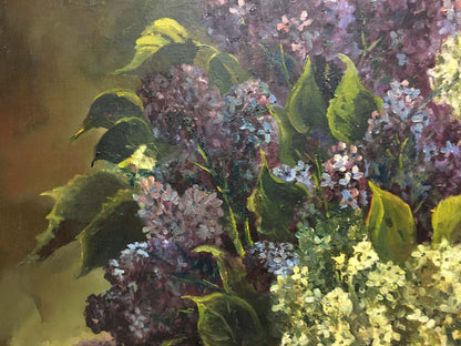 Vibrant oil painting of lush lilac bouquet by unknown artist