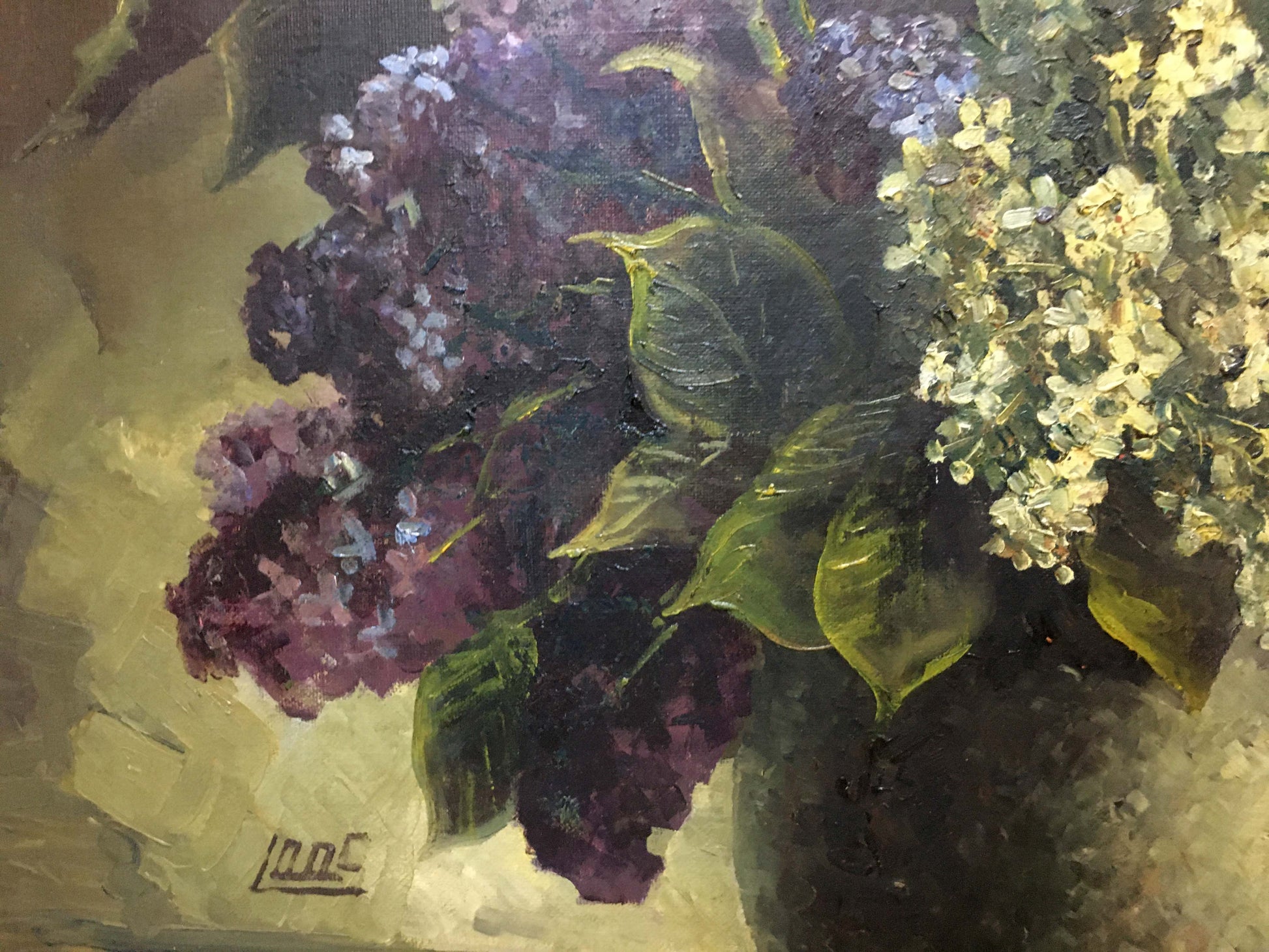 Vibrant oil painting of lilac blossoms by unknown artist