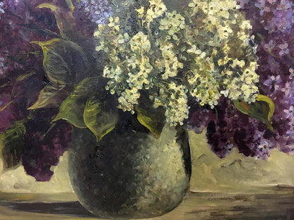Oil painting of lilacs in textured dark gray ceramic vase by unknown artist