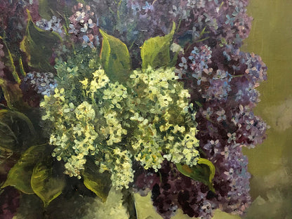 Vibrant oil painting of lilacs bouquet by unknown artist