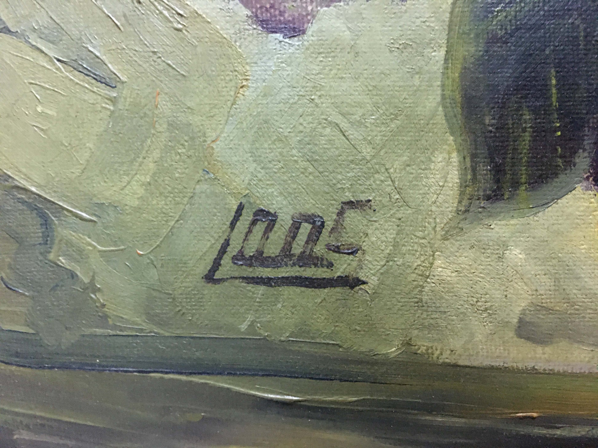Black ink signature on textured greenish canvas back of oil painting Flowers