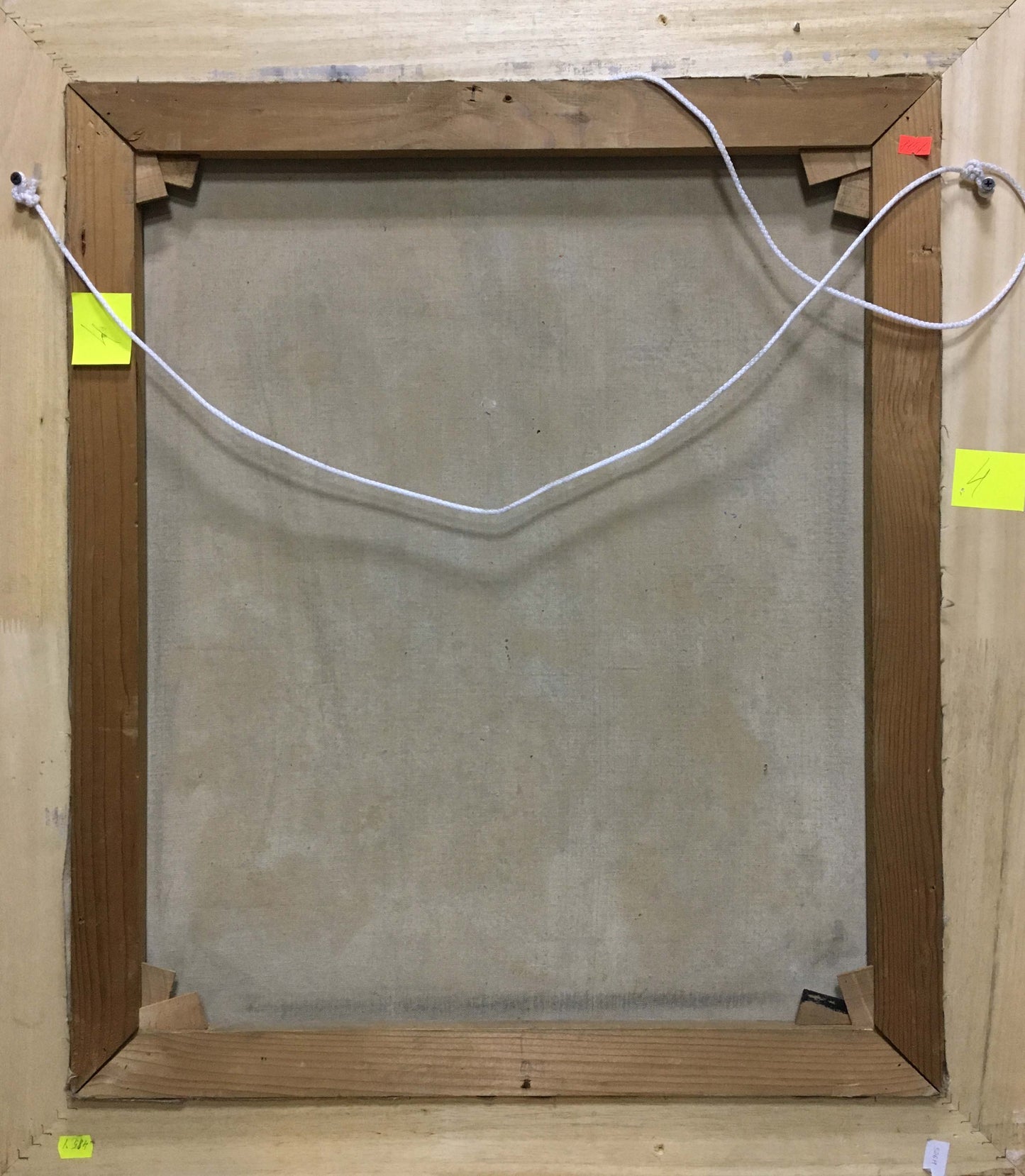 Back of oil painting Flowers Unknown artist in wooden frame with sticky notes