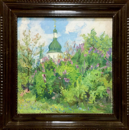 Oil painting Lilac blooms by Bondar Ivan Ivanovich, green-domed church in foliage