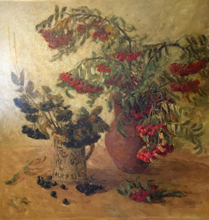 Oil painting by Konstantin Kuzmich Kamyshny: rustic terracotta vase with red berries