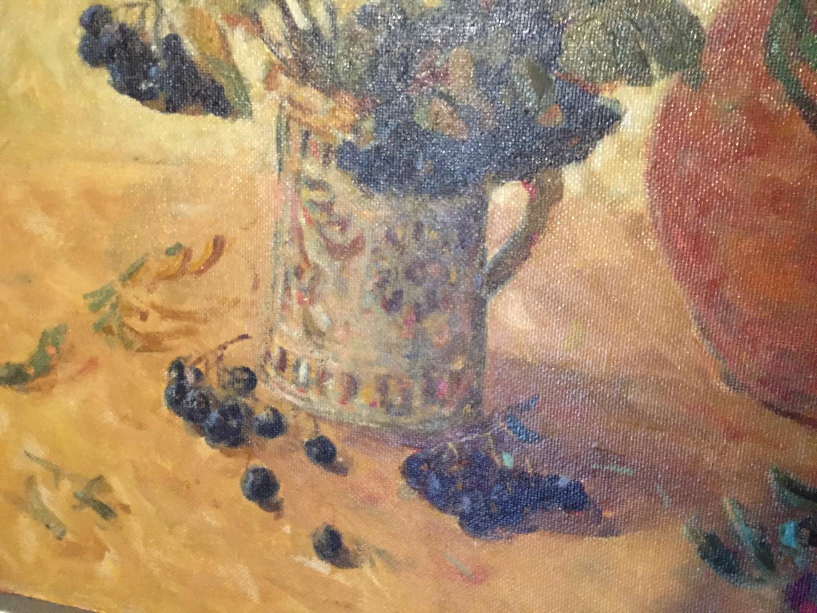 Ornate silver pitcher with grapes in Konstantin Kuzmich Kamyshny rowan painting