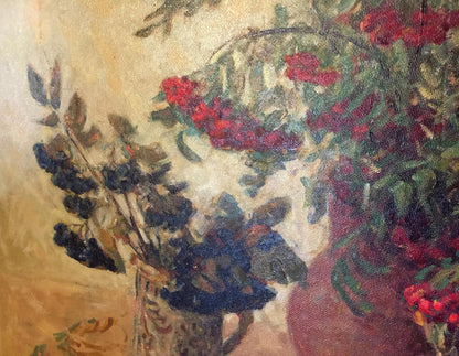 Oil painting by Konstantin Kuzmich Kamyshny: vase with berries and red flowers