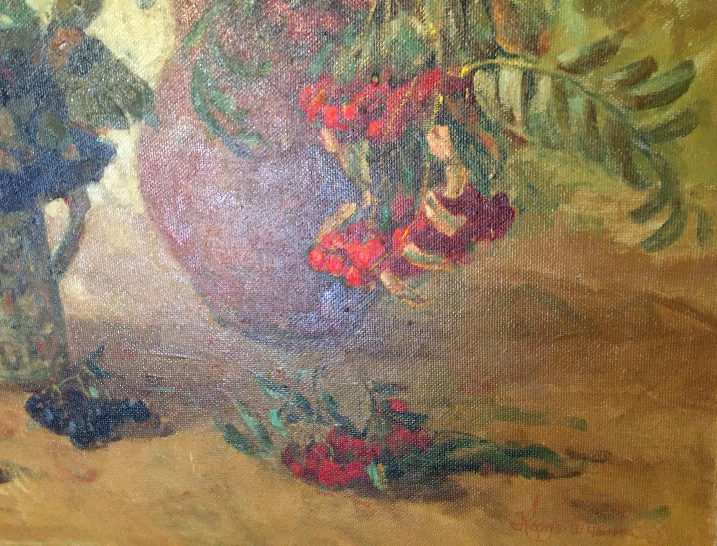 Oil painting by Konstantin Kuzmich Kamyshny of purple vase with red berries