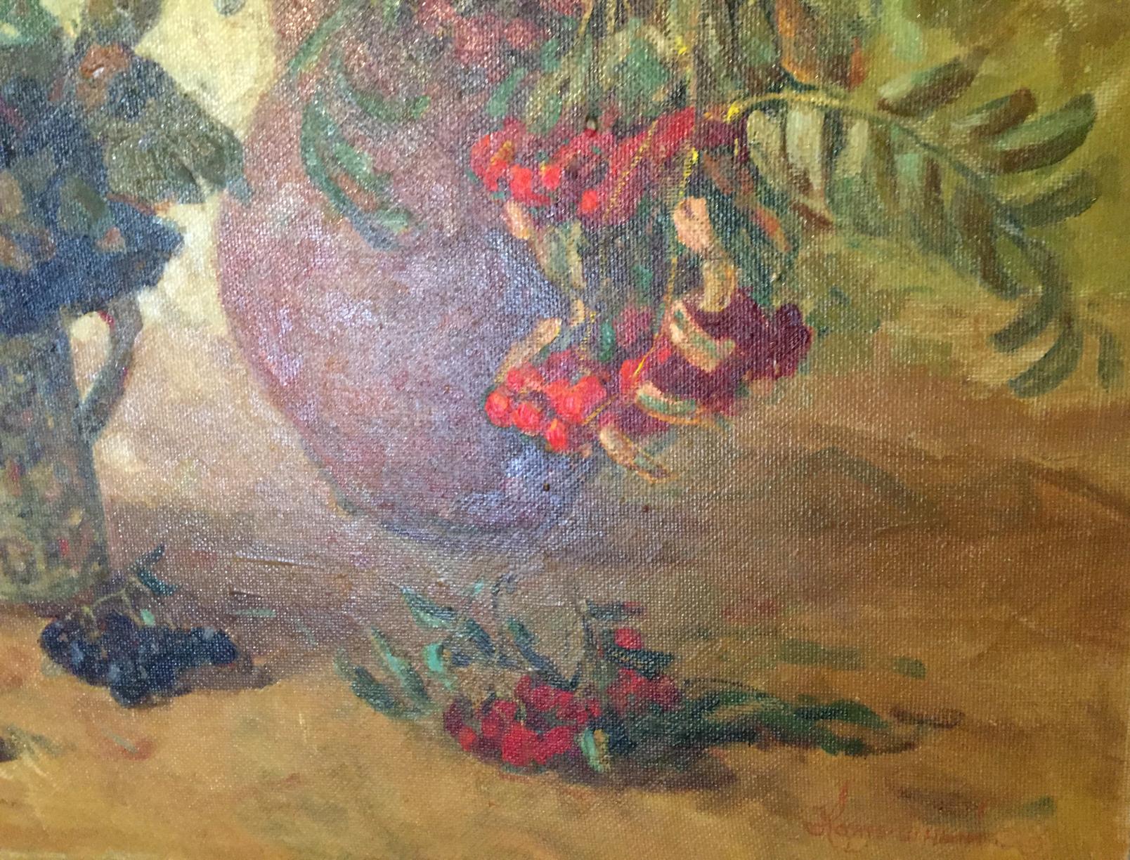 Oil painting by Konstantin Kuzmich Kamyshny of purple vase with red berries