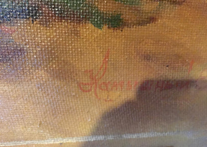 Red cursive signature by Konstantin Kuzmich Kamyshny on textured canvas back