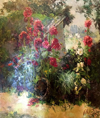 Oil painting Mallow by Kononenko Nikolay Ivanovich, vibrant hollyhocks in garden