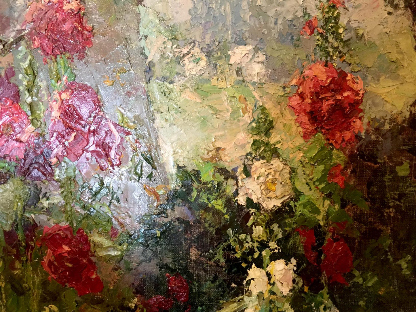 Oil painting Mallow by Kononenko Nikolay Ivanovich, vibrant roses in impasto