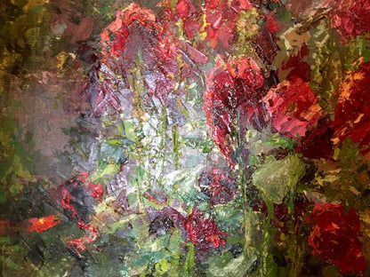 Oil painting Mallow by Kononenko Nikolay Ivanovich with vibrant red and purple flowers