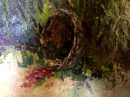 Oil painting Mallow by Kononenko Nikolay Ivanovich, textured nest in foliage
