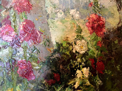 Vibrant red pink mallow flowers by Kononenko Nikolay Ivanovich oil painting