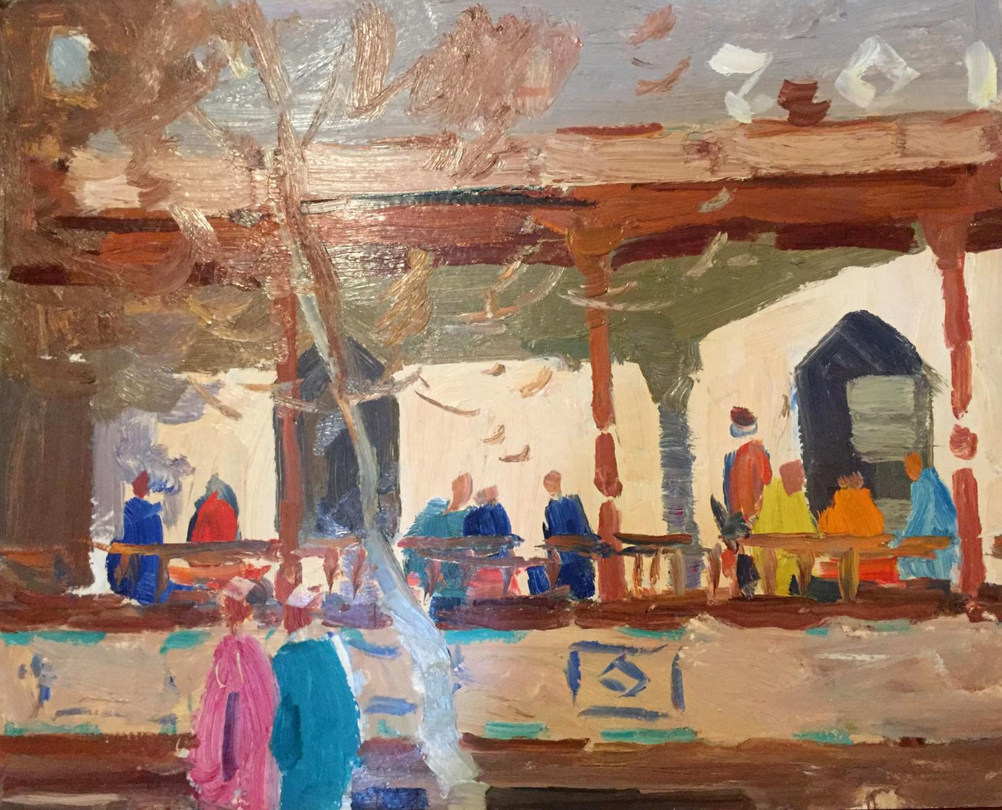 Impressionistic oil painting by Konovalov Yuri Alexandrovich: bustling outdoor meeting scene