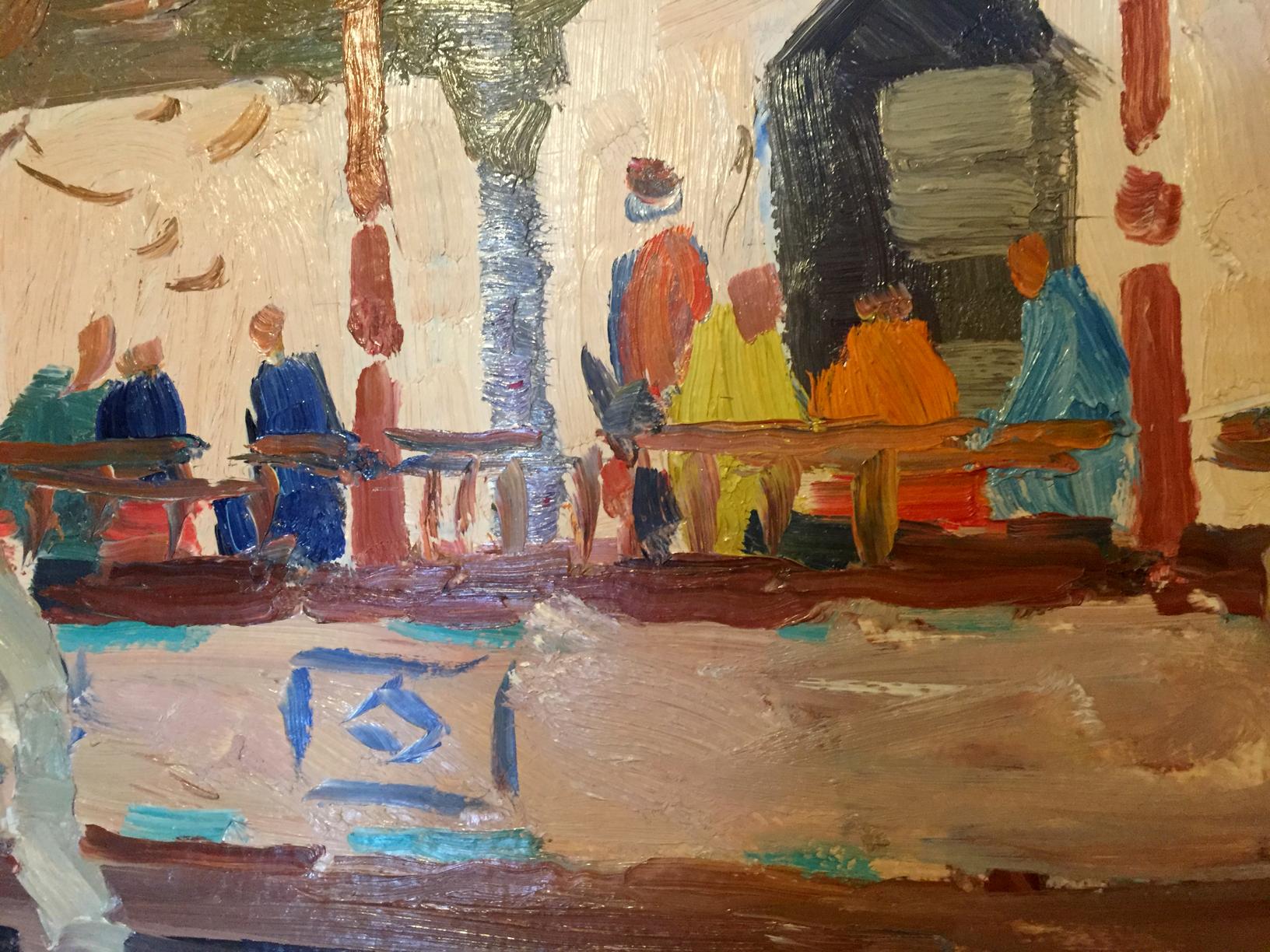 Vibrant impressionistic oil painting by Konovalov Yuri Alexandrovich of people meeting outdoors