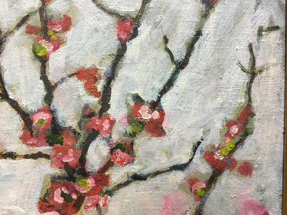 Oil painting Flowers are growing by Volsky Petr Dmitrievich, pink blossoms on snowy background